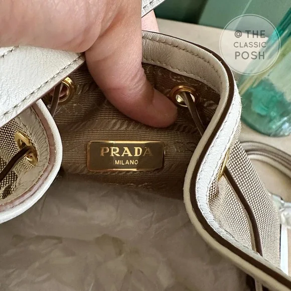 NEW Prada Jacquard Logo Bucket White Trim Canvas Tote Crossbody Bag - Picture 9 of 11